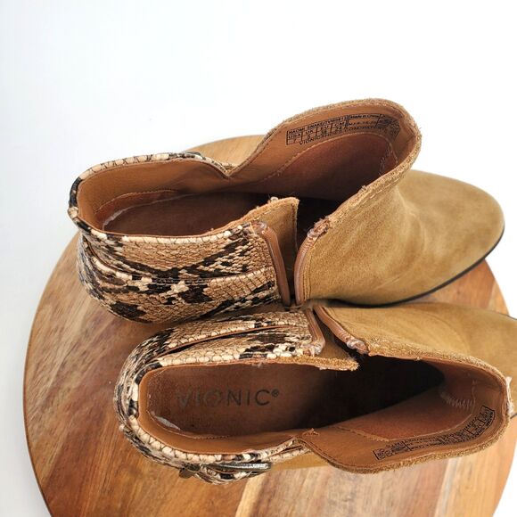 New Vionic Ankle Boots Women’s 7 Brown Suede Leather Zip Booties Snake Orthotic - Picture 8 of 10